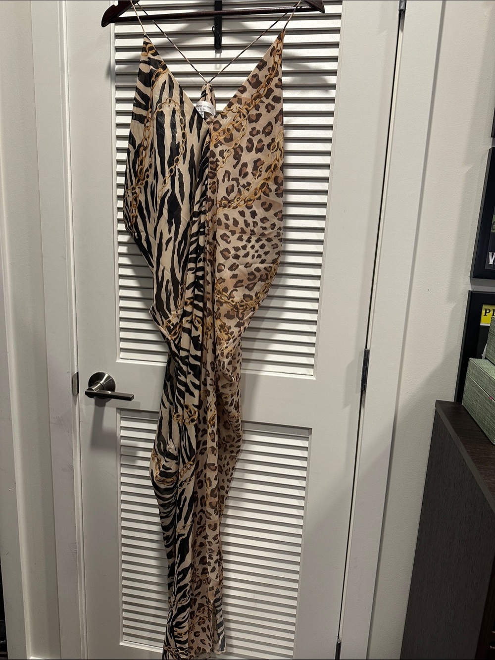 Ronny Kobo Collection Mixed Animal Print Slip Maxi Dress in Beige and Black